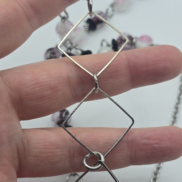Handmade Geometric Beaded Necklace Silver Tone Square Links Boho Artsy - Picture 7 of 9